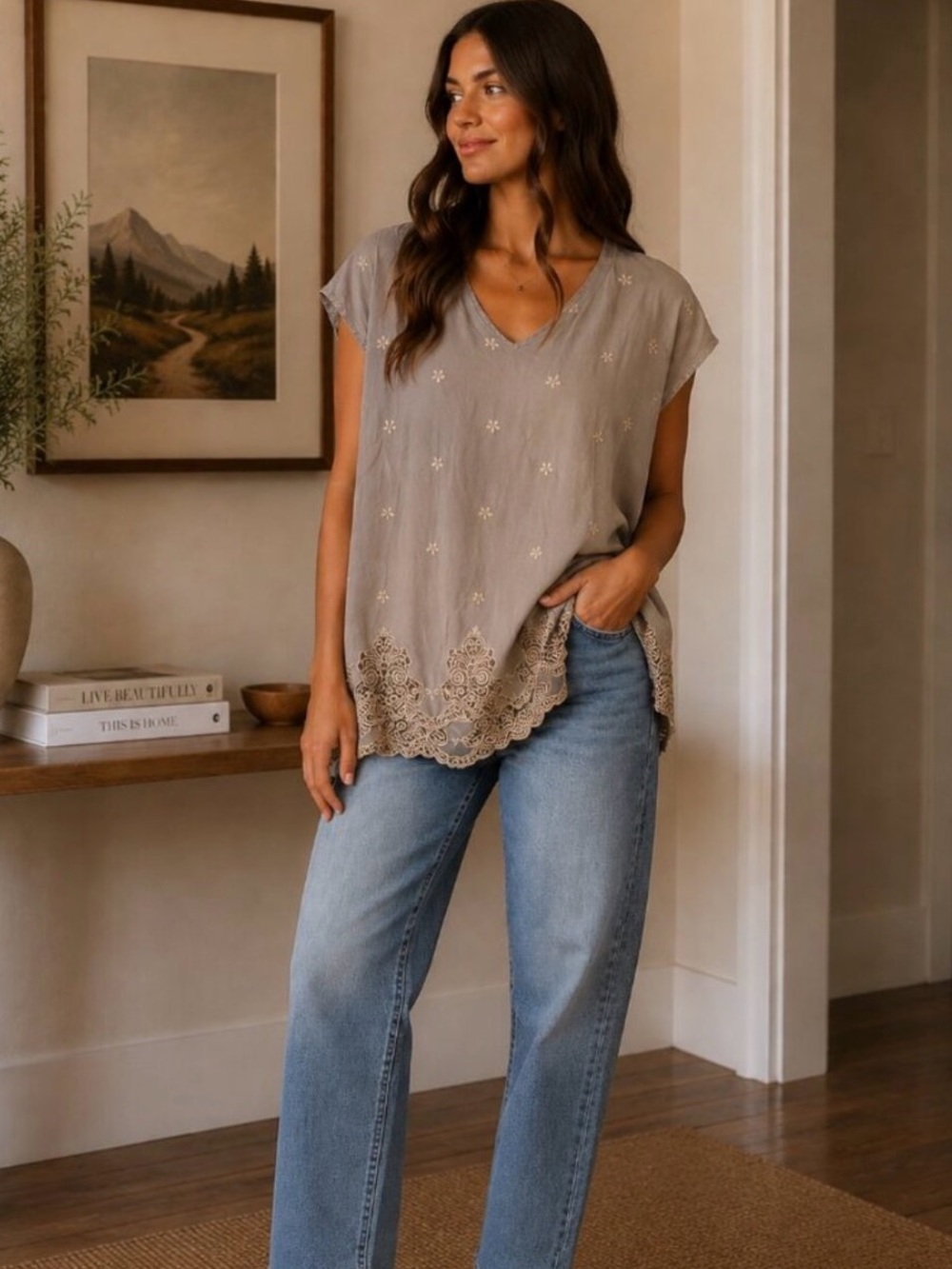 Johnny Was Floral, Embroidered Blouse with Lace Hem Size Small